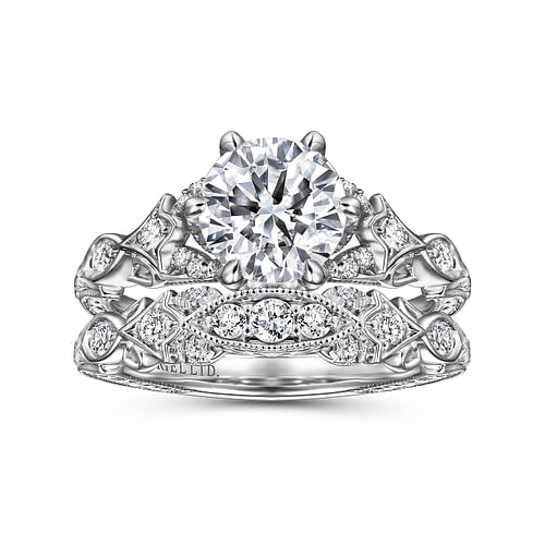 Vintage Inspired 18K White Gold Round Diamond Engagement Ring