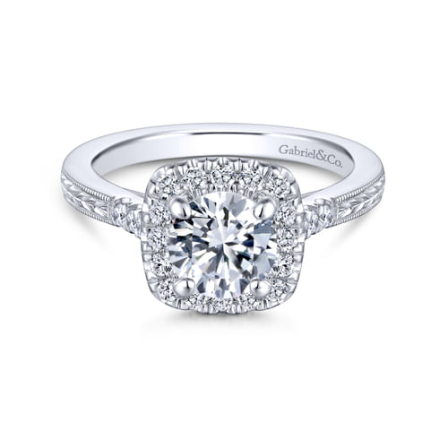 Vintage Inspired 18K White Gold Round Halo Diamond Engagement Ring