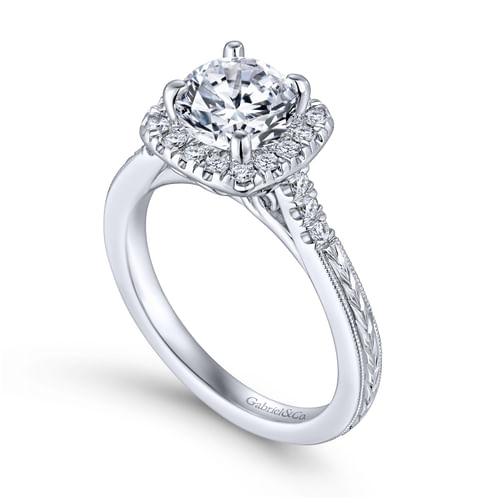 Vintage Inspired 18K White Gold Round Halo Diamond Engagement Ring
