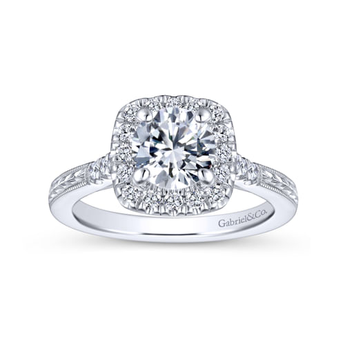 Vintage Inspired 18K White Gold Round Halo Diamond Engagement Ring