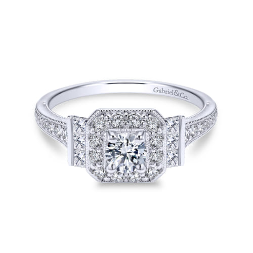 Vintage Inspired 18K White Gold Round Halo Diamond Engagement Ring