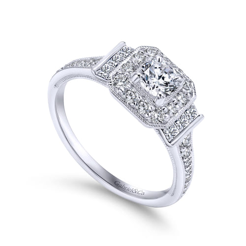 Vintage Inspired 18K White Gold Round Halo Diamond Engagement Ring