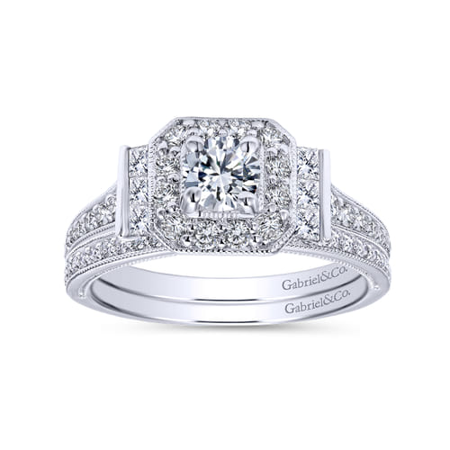 Vintage Inspired 18K White Gold Round Halo Diamond Engagement Ring