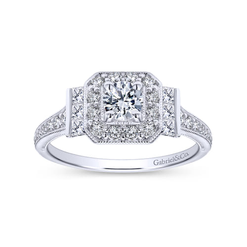 Vintage Inspired 18K White Gold Round Halo Diamond Engagement Ring
