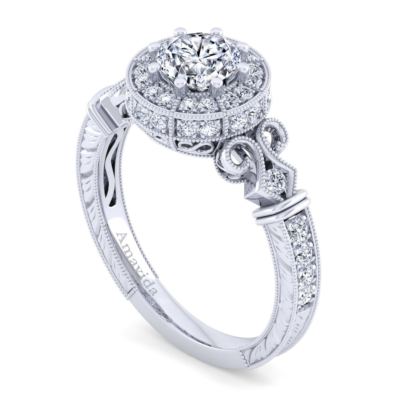 Vintage Inspired 18K White Gold Round Halo Diamond Engagement Ring