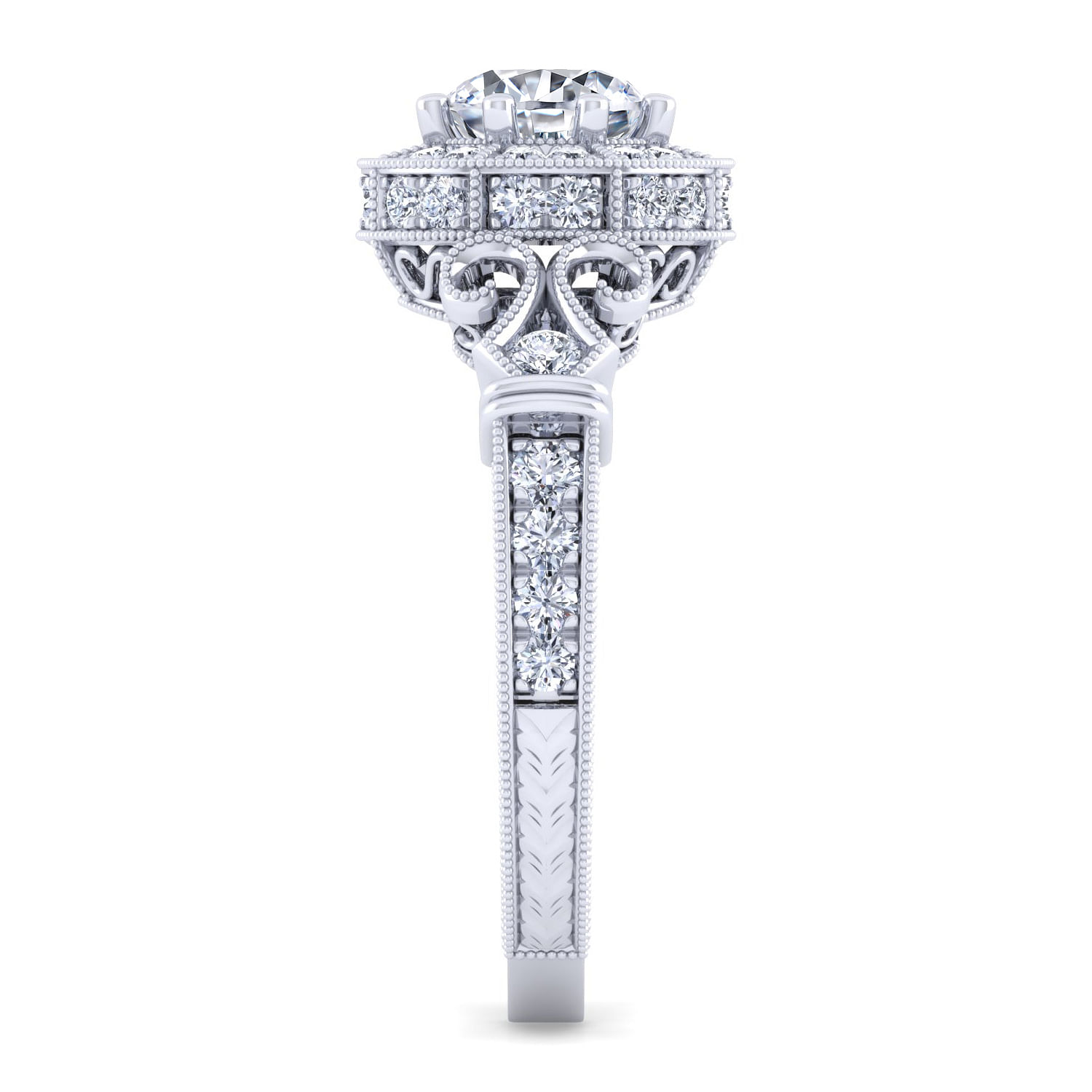 Vintage Inspired 18K White Gold Round Halo Diamond Engagement Ring