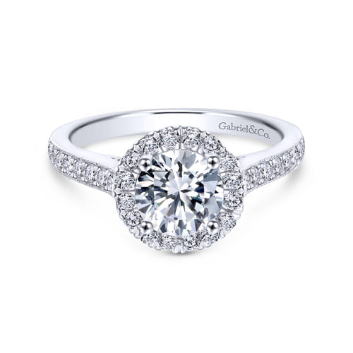 Vintage Inspired 18K White Gold Round Halo Diamond Engagement Ring