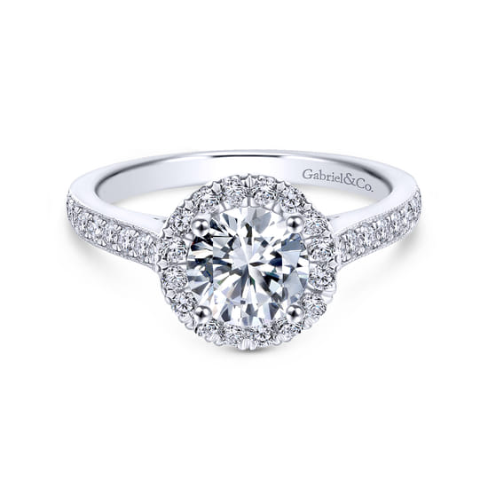 Gabriel - Vintage Inspired 18K White Gold Round Halo Diamond Engagement Ring