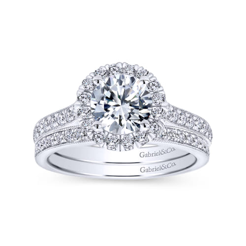 Vintage Inspired 18K White Gold Round Halo Diamond Engagement Ring