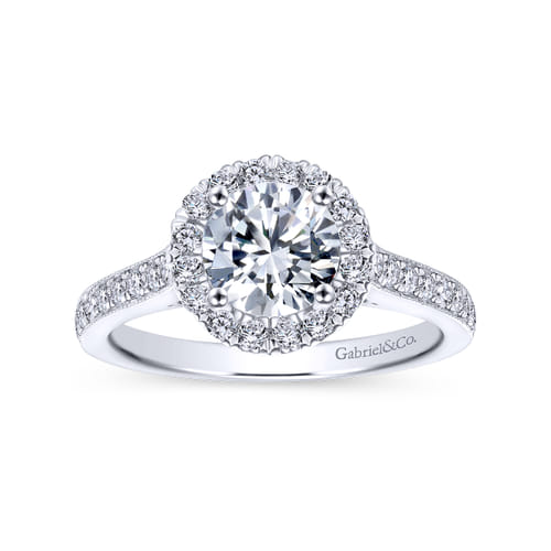 Vintage Inspired 18K White Gold Round Halo Diamond Engagement Ring