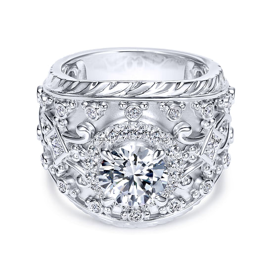 Gabriel - Vintage Inspired 18K White Gold Round Halo Diamond Engagement Ring