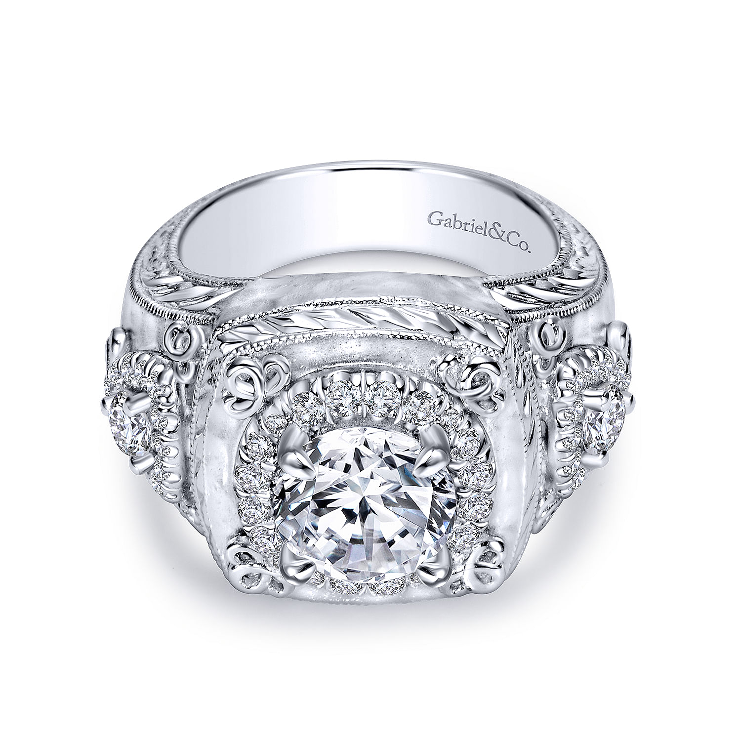 Gabriel - Vintage Inspired 18K White Gold Round Halo Diamond Engagement Ring