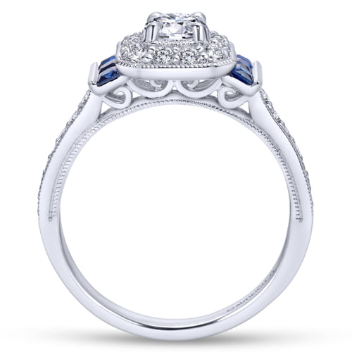 Vintage Inspired 18K White Gold Round Halo Sapphire and Halo Diamond Channel Set Engagement Ring