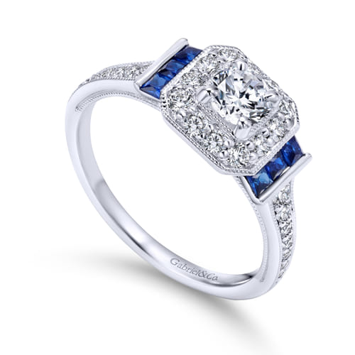 Vintage Inspired 18K White Gold Round Halo Sapphire and Halo Diamond Channel Set Engagement Ring