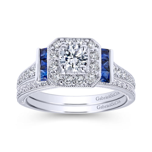 Vintage Inspired 18K White Gold Round Halo Sapphire and Halo Diamond Channel Set Engagement Ring