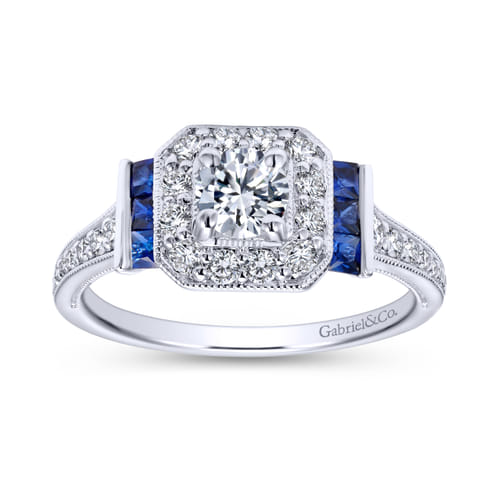 Vintage Inspired 18K White Gold Round Halo Sapphire and Halo Diamond Channel Set Engagement Ring