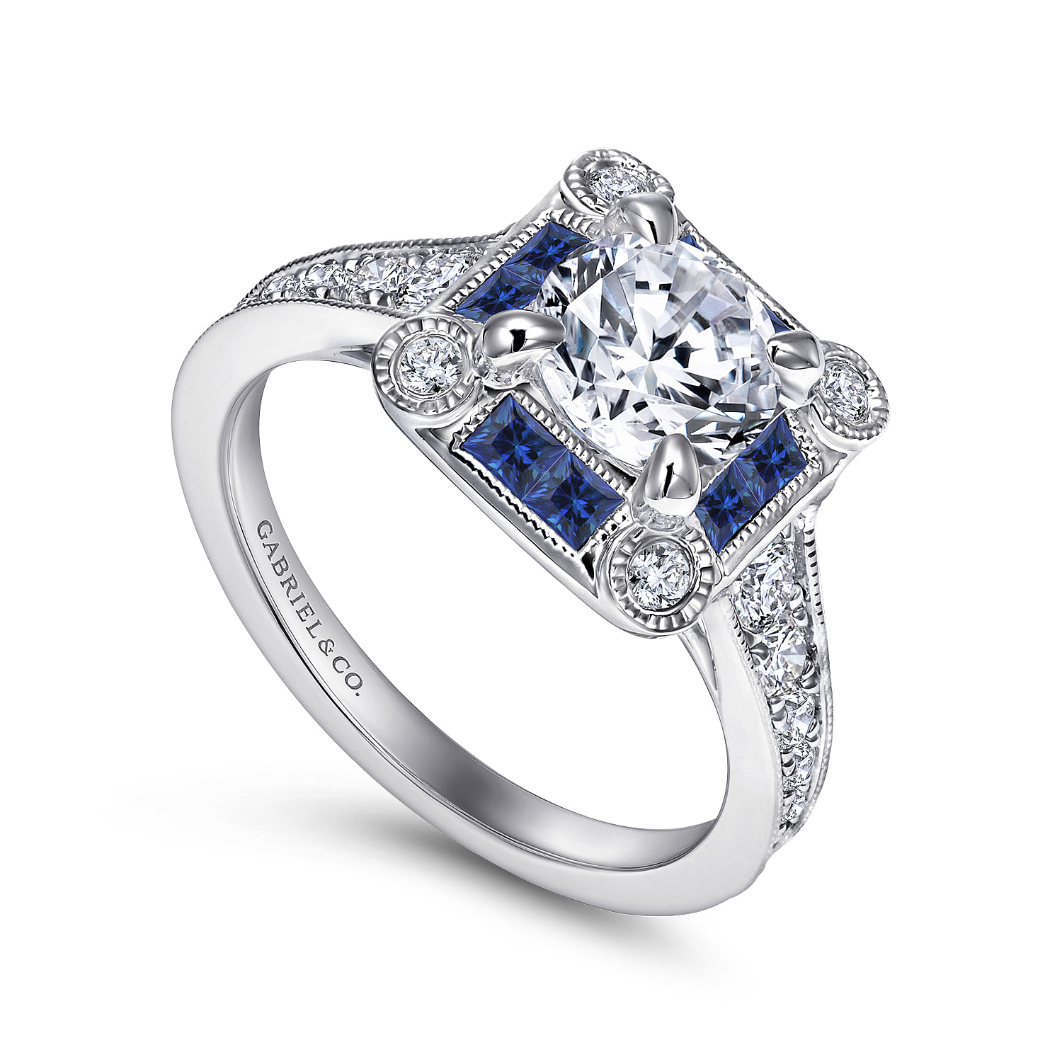 Vintage Inspired 18K White Gold Round Halo Sapphire and Halo Diamond Engagement Ring
