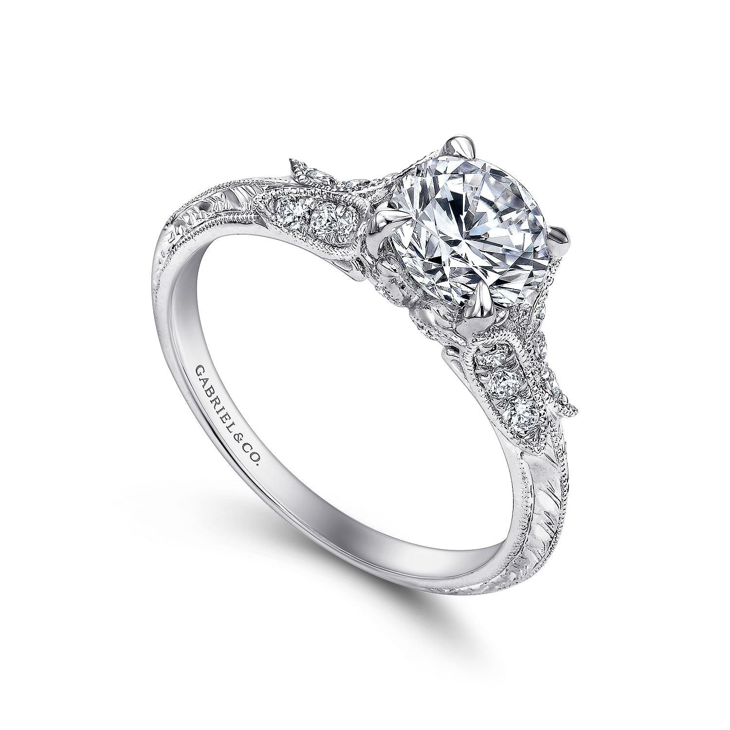 Vintage Inspired 18K White Gold Round Split Shank Diamond Engagement Ring
