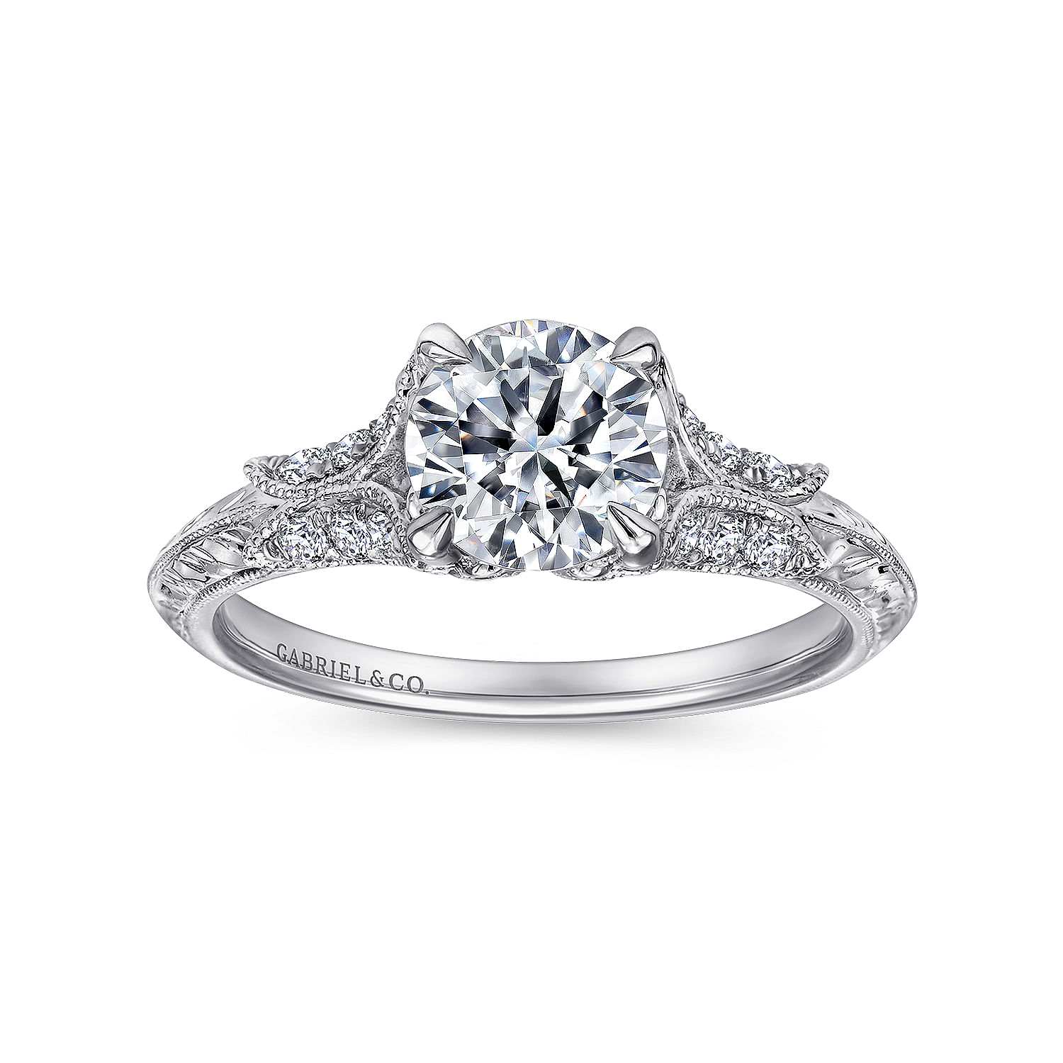 Vintage Inspired 18K White Gold Round Split Shank Diamond Engagement Ring