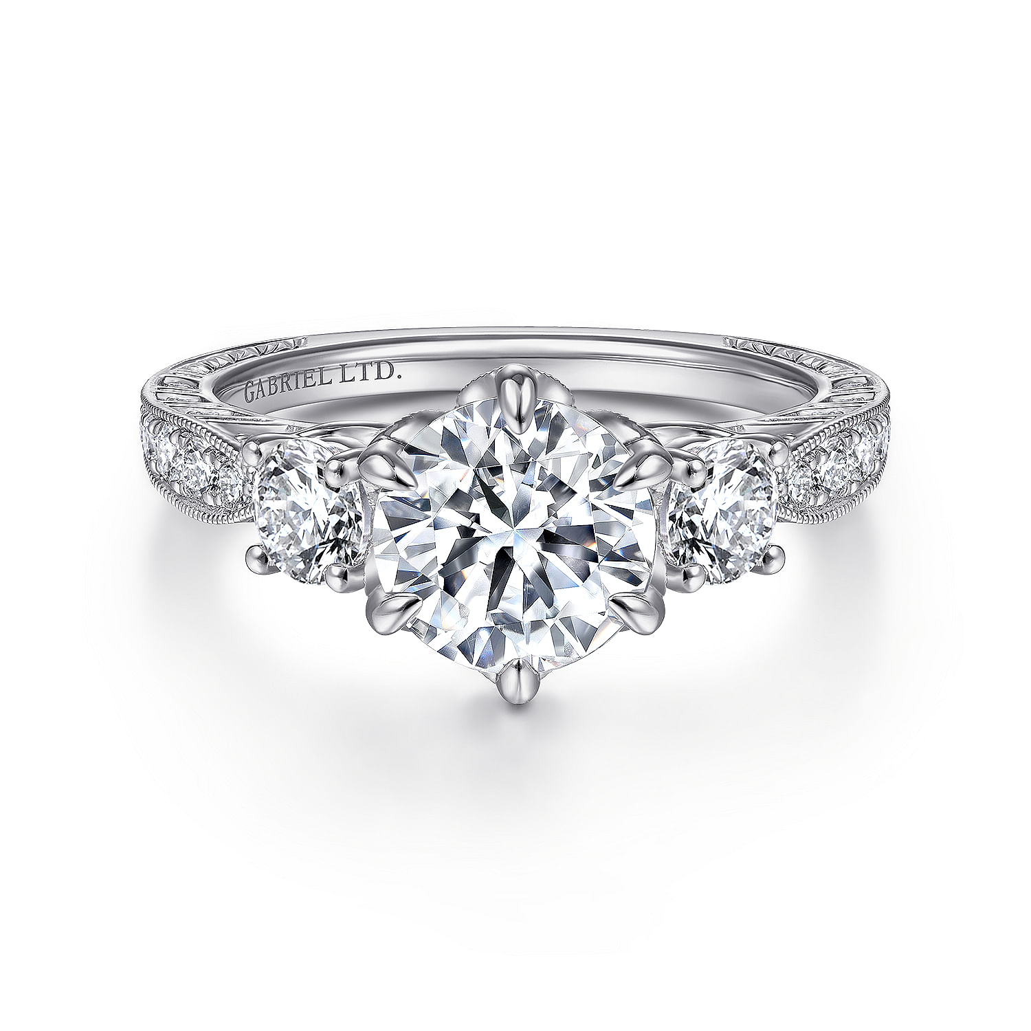 Gabriel - Vintage Inspired 18K White Gold Round Three Stone Diamond Engagement Ring