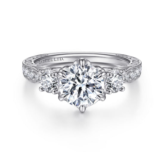 Gabriel - Vintage Inspired 18K White Gold Round Three Stone Diamond Engagement Ring