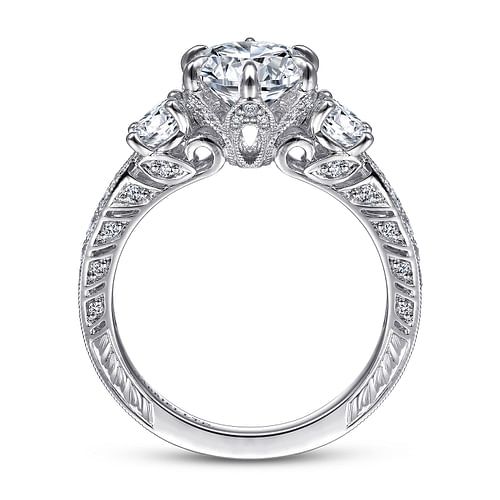 Vintage Inspired 18K White Gold Round Three Stone Diamond Engagement Ring