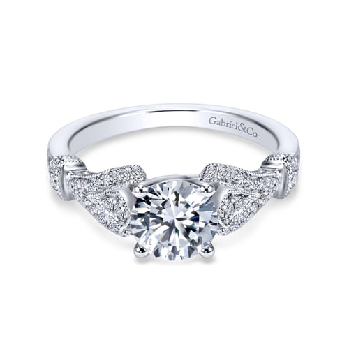 Vintage Inspired 18K White Gold Split Shank Round Diamond Engagement Ring