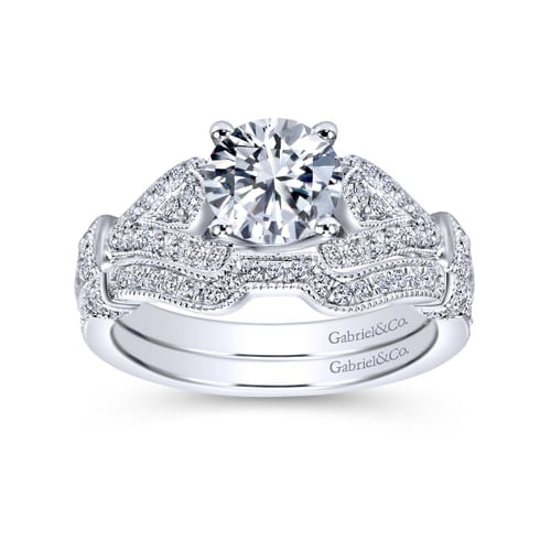 Vintage Inspired 18K White Gold Split Shank Round Diamond Engagement Ring