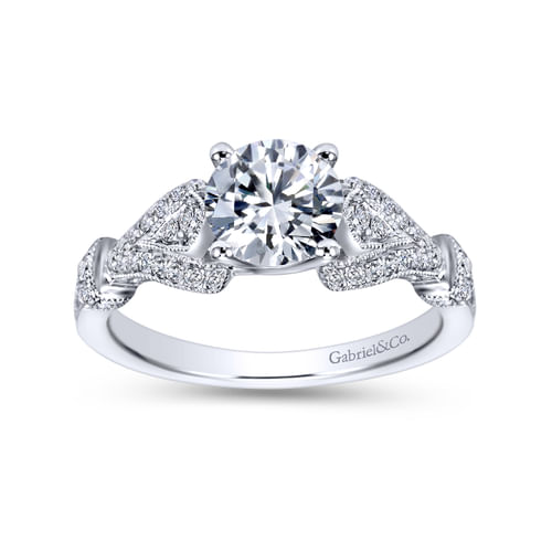 Vintage Inspired 18K White Gold Split Shank Round Diamond Engagement Ring