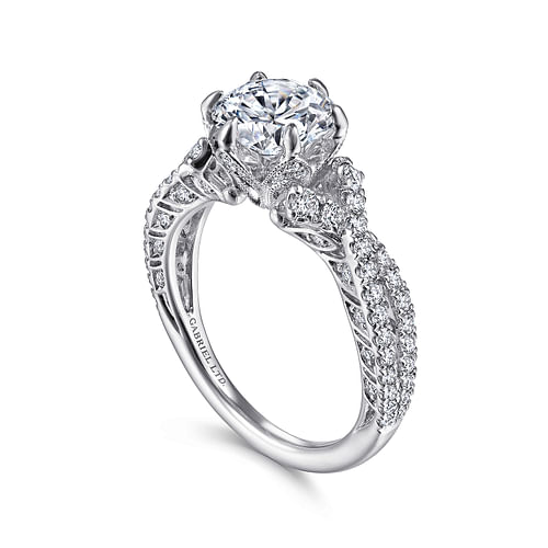 Vintage Inspired 18K White Gold Twisted Round Diamond Engagement Ring