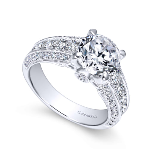 Vintage Inspired 18K White Gold Wide Band Round Diamond Channel Set Engagement Ring