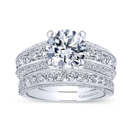 Vintage Inspired 18K White Gold Wide Band Round Diamond Channel Set Engagement Ring
