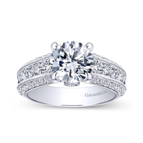 Vintage Inspired 18K White Gold Wide Band Round Diamond Channel Set Engagement Ring
