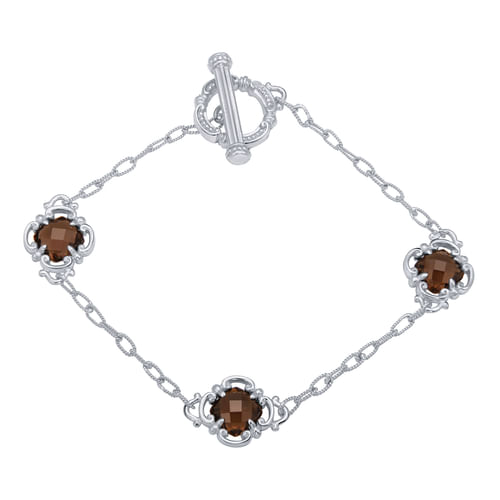 Vintage Inspired 925 Sterling Silver Bracelet with Smoky Quartz Stations