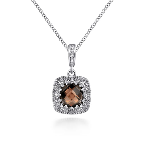 Vintage Inspired 925 Sterling Silver Cushion Cut Smokey Quartz Pendant Necklace