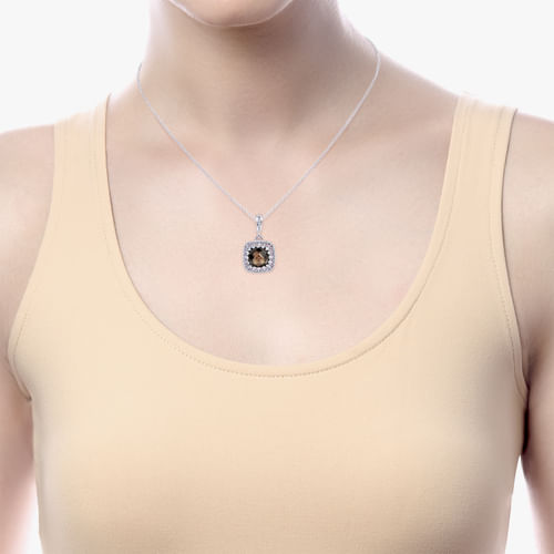 Vintage Inspired 925 Sterling Silver Cushion Cut Smokey Quartz Pendant Necklace