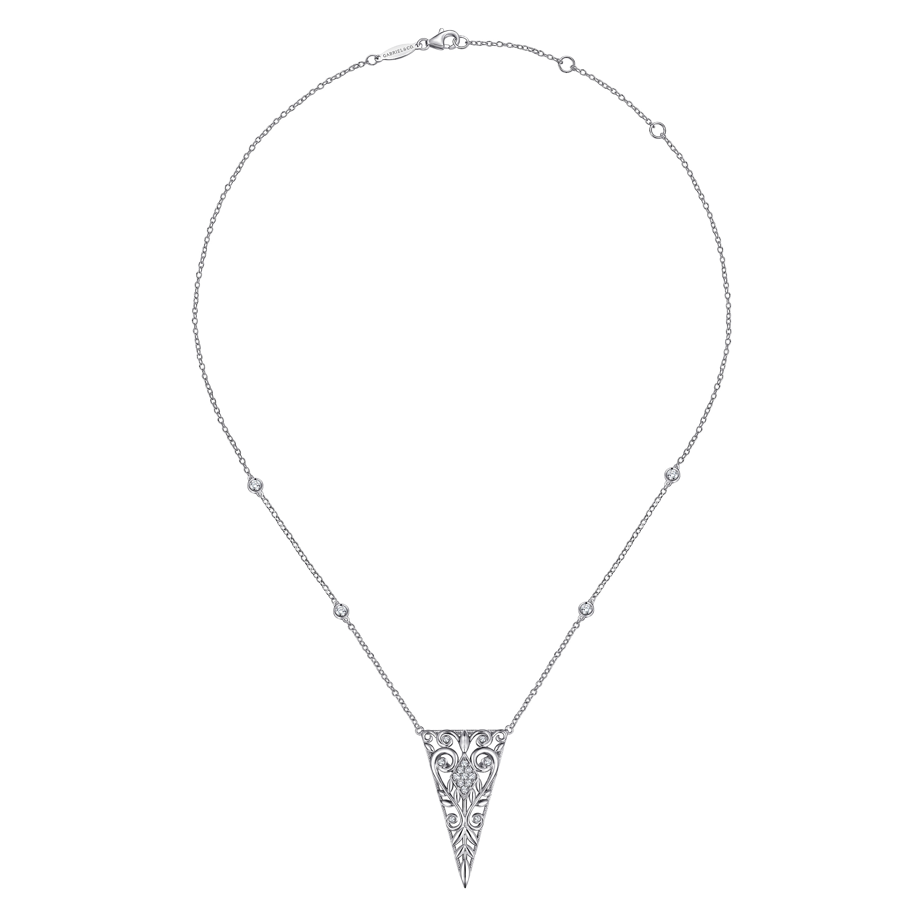 Vintage Inspired 925 Sterling Silver Triangular White Sapphire Pendant Necklace with Scrollwork