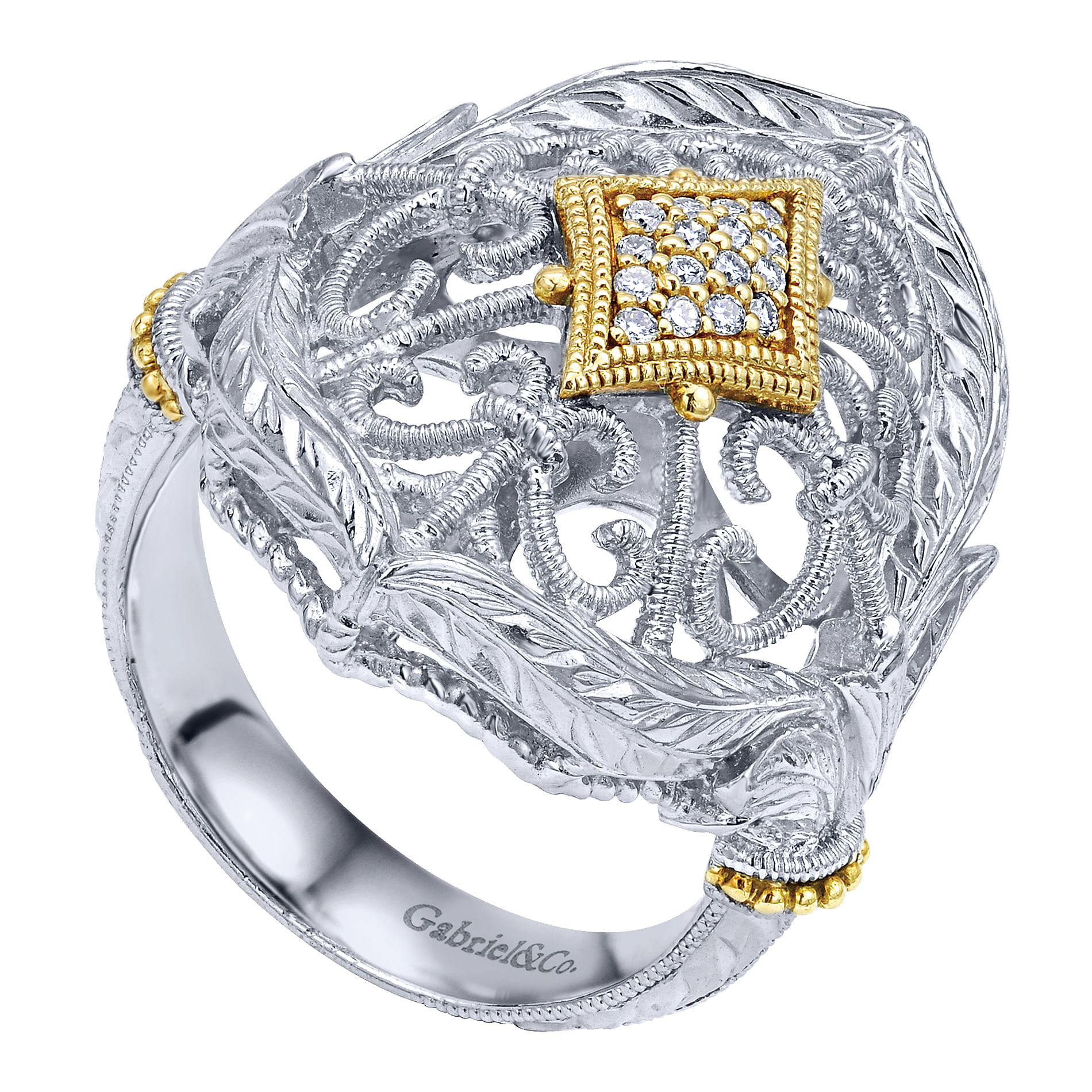 Vintage Inspired 925 Sterling Silver and 18K Yellow Gold Diamond Filigree Ring