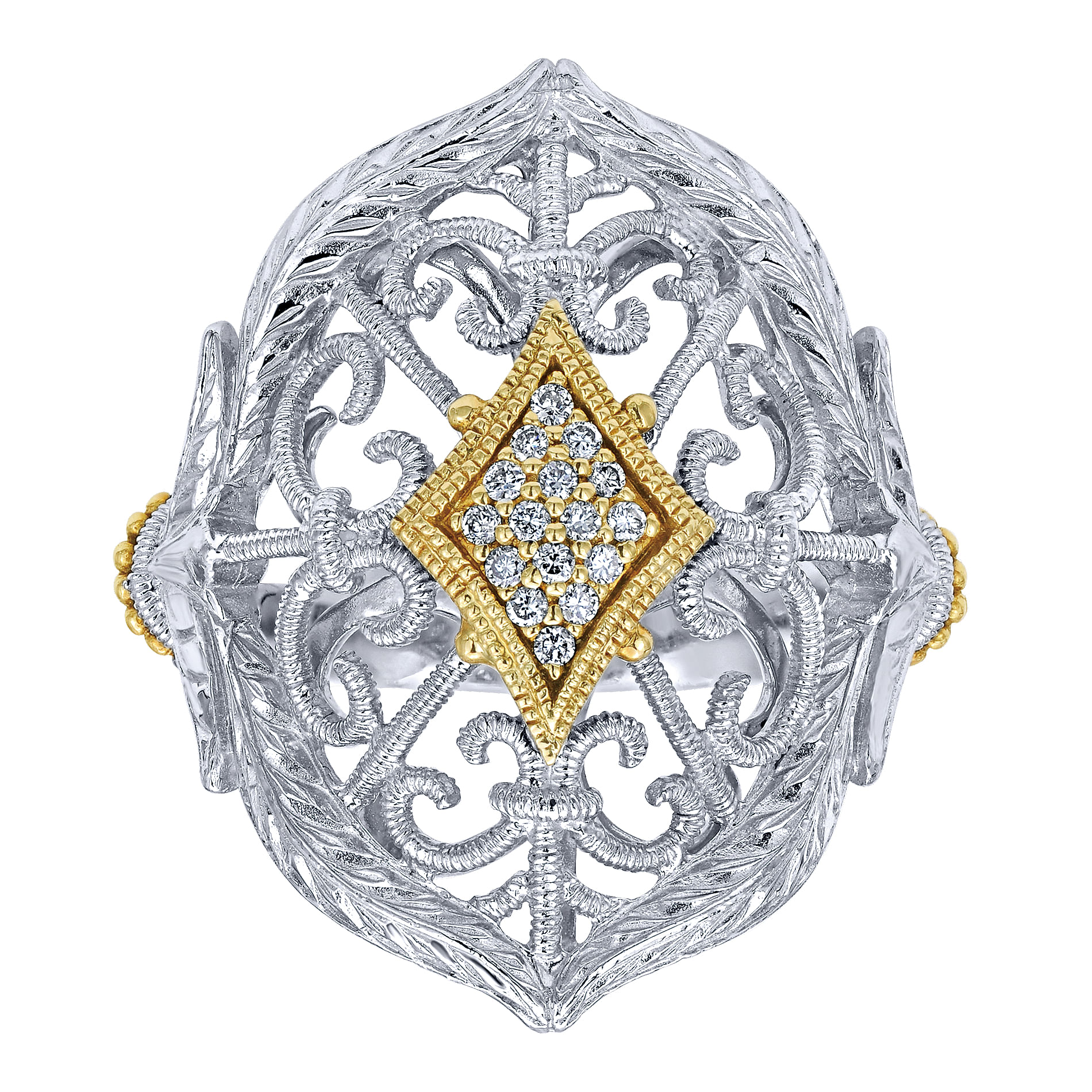 Vintage Inspired 925 Sterling Silver and 18K Yellow Gold Diamond Filigree Ring