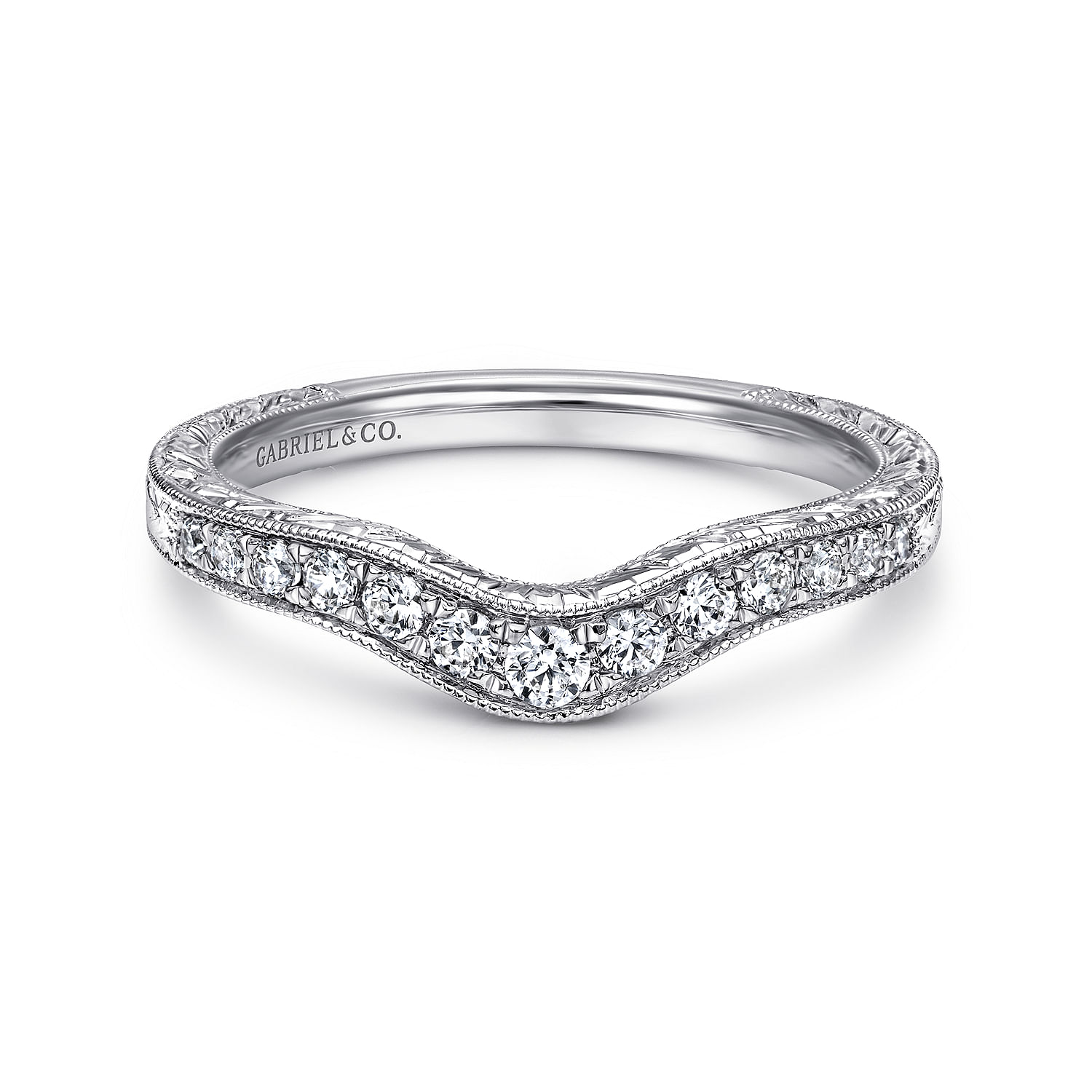 Gabriel - Vintage Inspired Curved 14K White Gold Diamond Wedding Band with Engraving