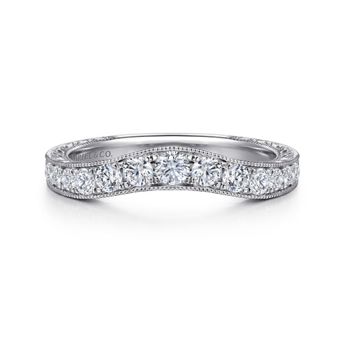 Vintage Inspired Platinum Curved Channel Set Diamond Wedding Band with Engraving