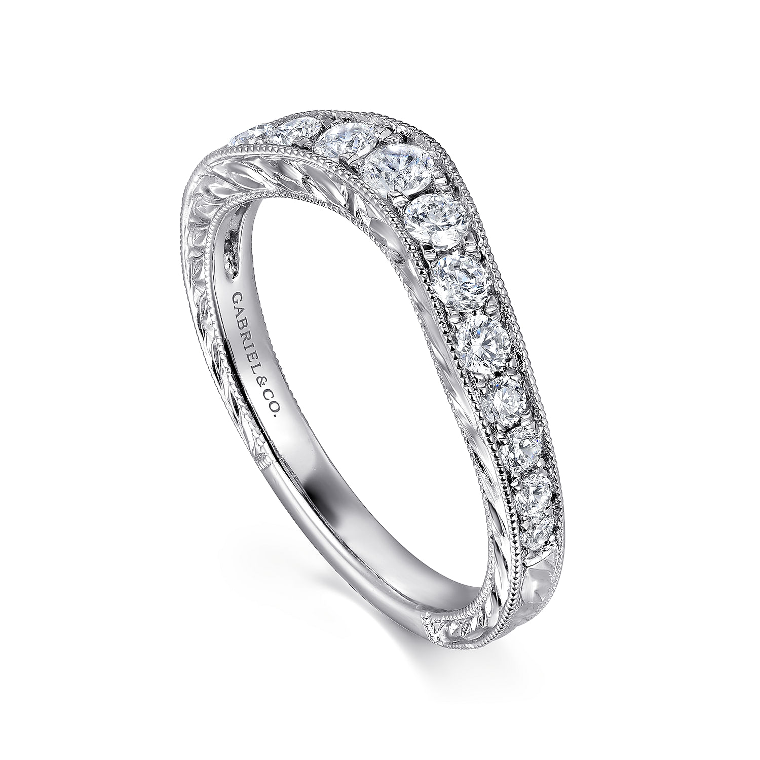Vintage Inspired Platinum Curved Channel Set Diamond Wedding Band with Engraving