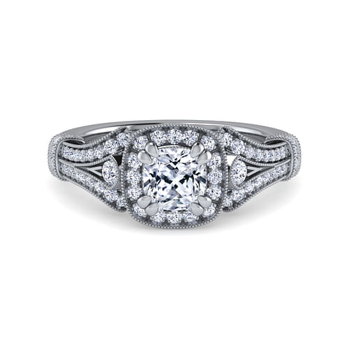 Vintage Inspired Platinum Cushion Halo Diamond Engagement Ring