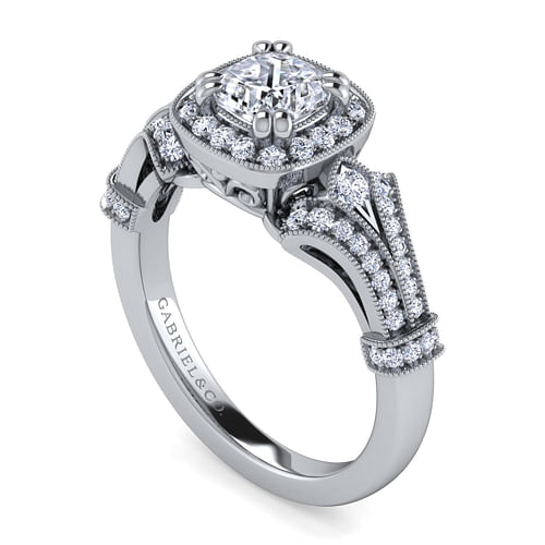 Vintage Inspired Platinum Cushion Halo Diamond Engagement Ring