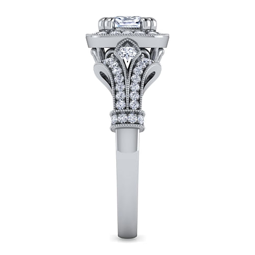 Vintage Inspired Platinum Cushion Halo Diamond Engagement Ring
