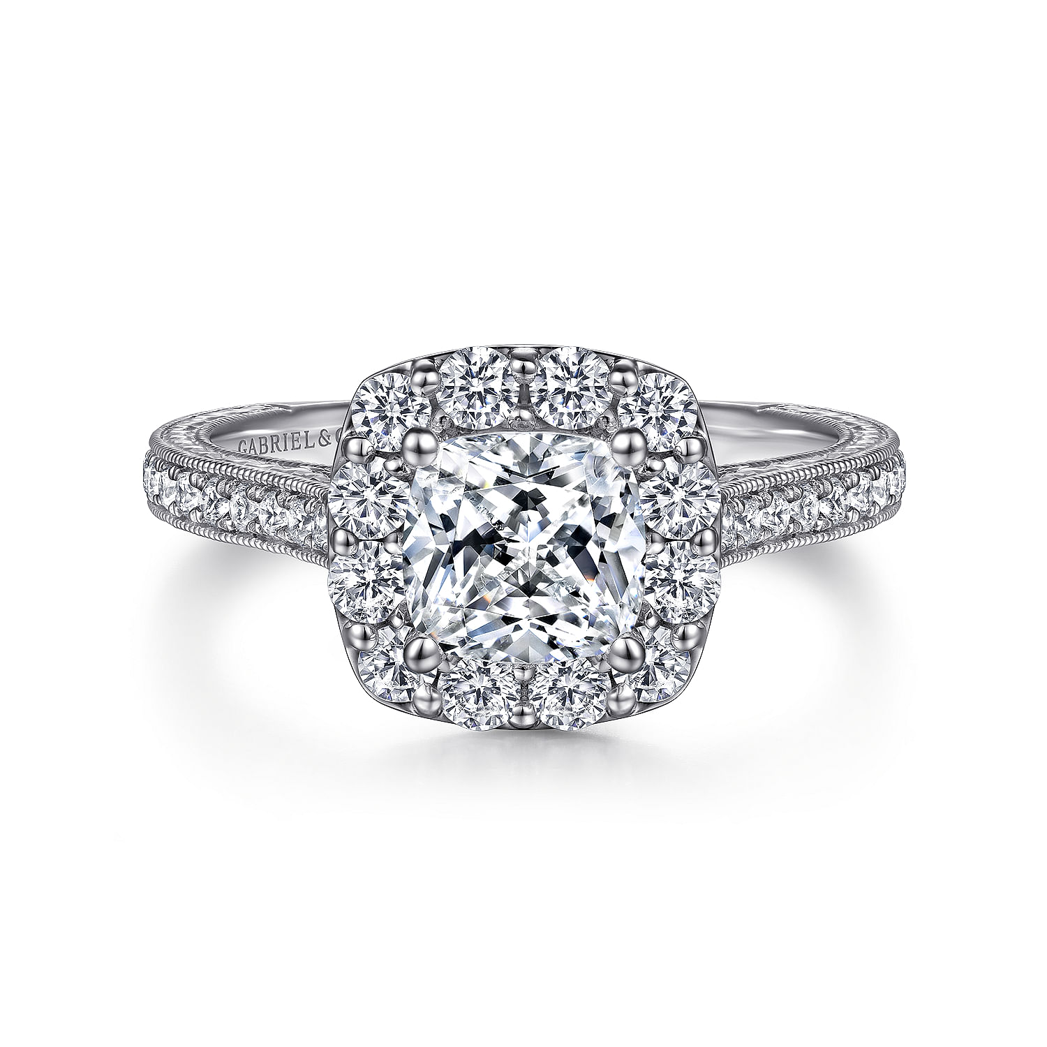 Vintage Inspired Platinum Cushion Halo Diamond Engagement Ring