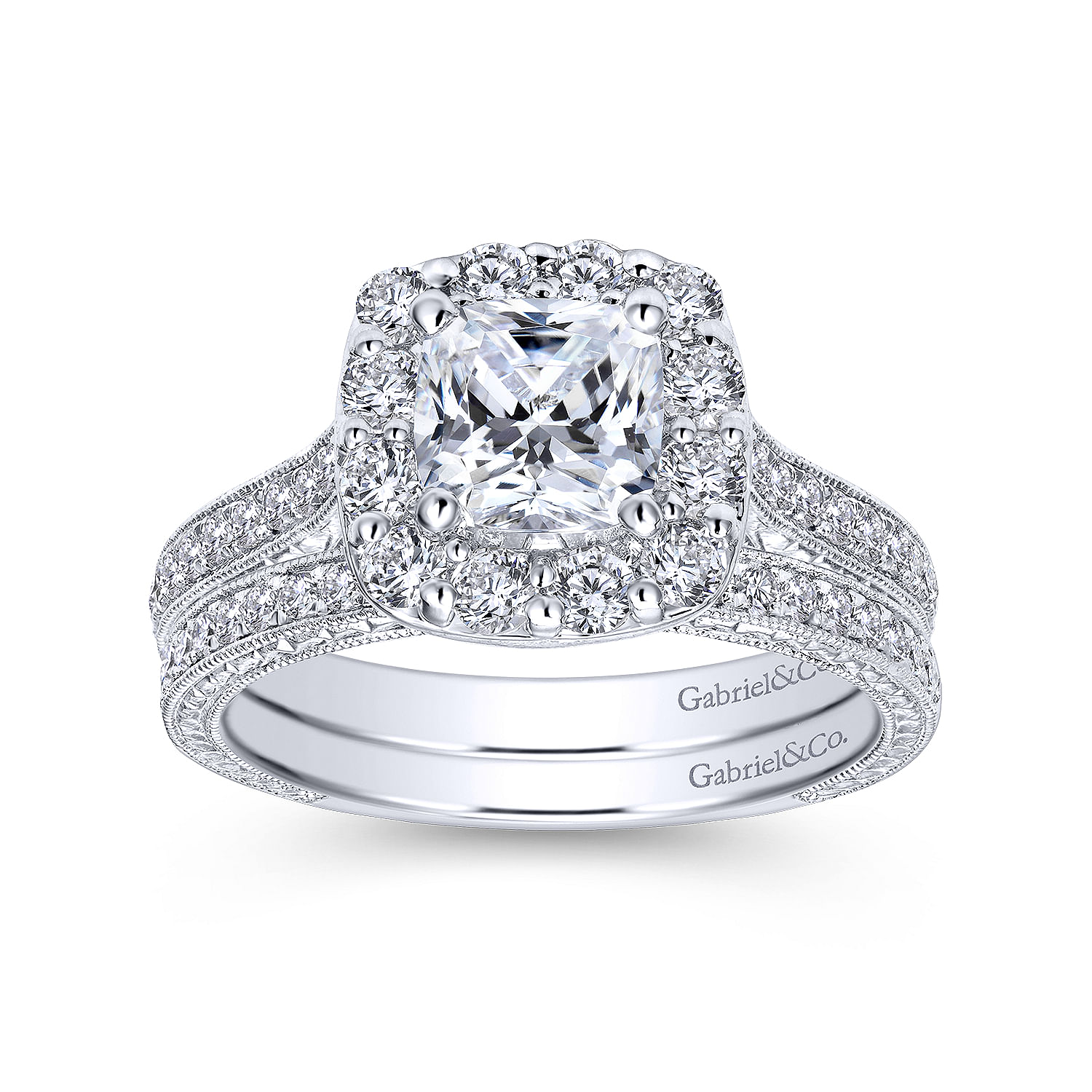 Vintage Inspired Platinum Cushion Halo Diamond Engagement Ring
