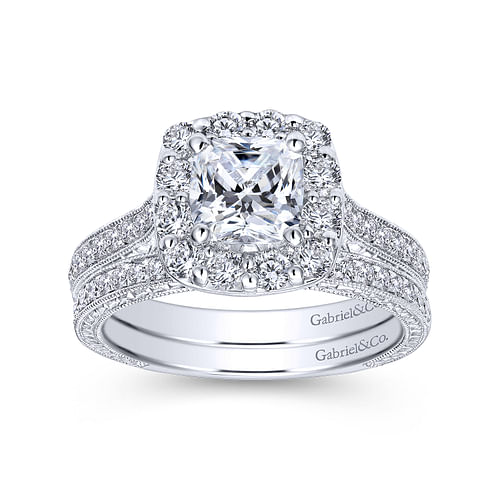 Vintage Inspired Platinum Cushion Halo Diamond Engagement Ring