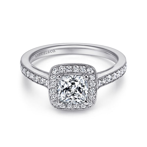 Vintage Inspired Platinum Cushion Halo Diamond Engagement Ring