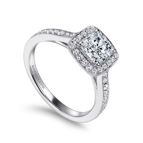 Vintage Inspired Platinum Cushion Halo Diamond Engagement Ring